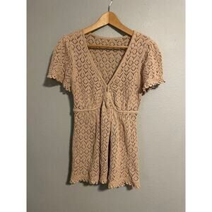 Vintage Womens Tunic Large Beige Crochet Sheer Babydoll Ruffle Fairy Boho 90s